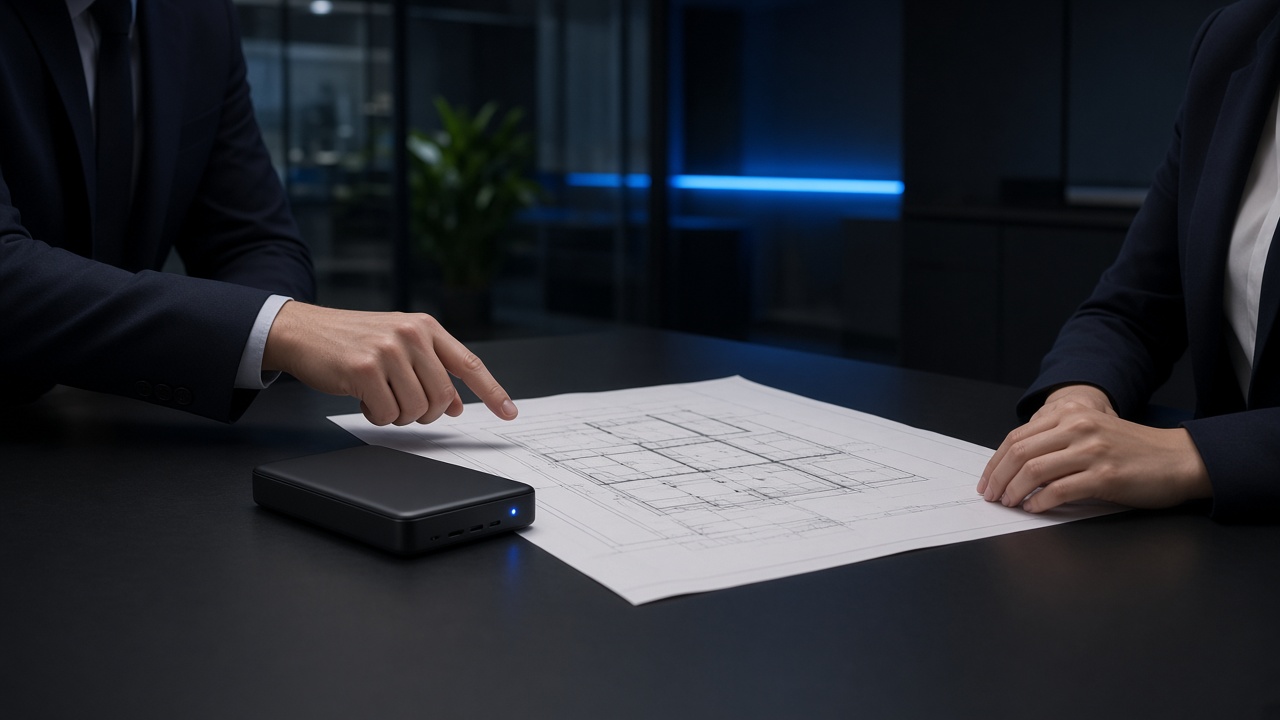 Person reviewing project drawings at a desk