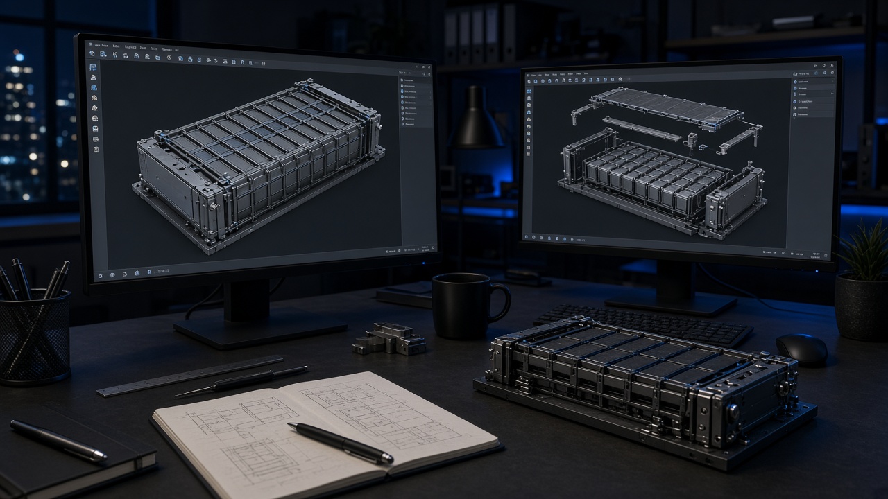 Battery pack drawings displayed on monitors at an engineering desk