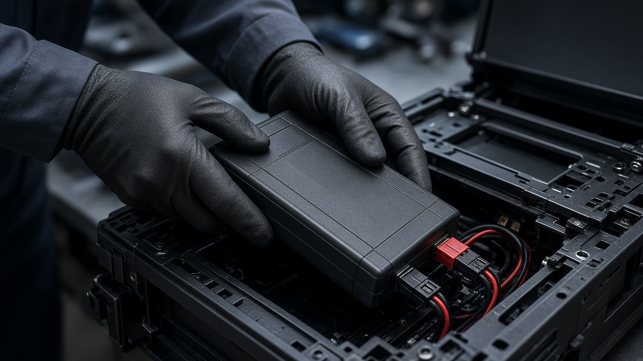Gloved hands fitting a battery pack into an equipment compartment
