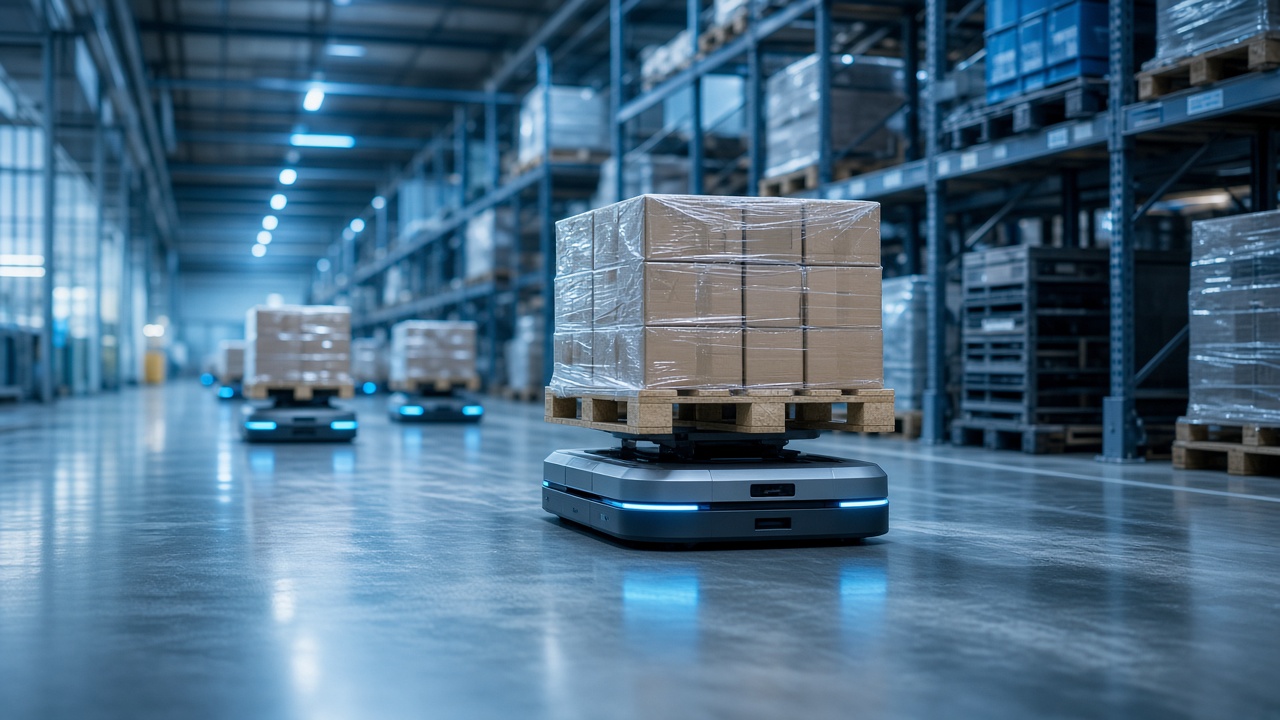Autonomous mobile robot carrying a pallet through a warehouse aisle