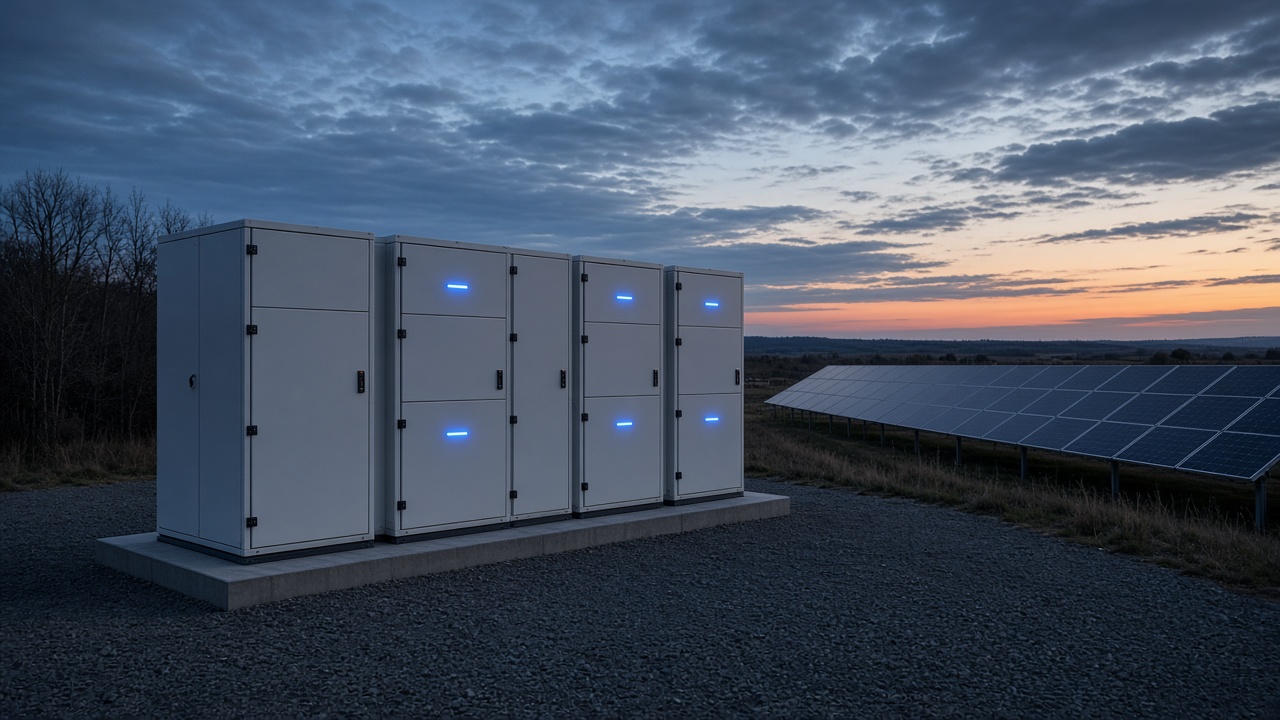 Energy storage cabinets beside a solar array at dusk