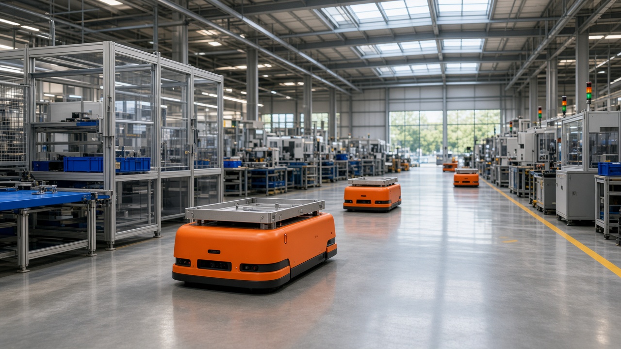 Orange autonomous mobile robots in an equipment aisle