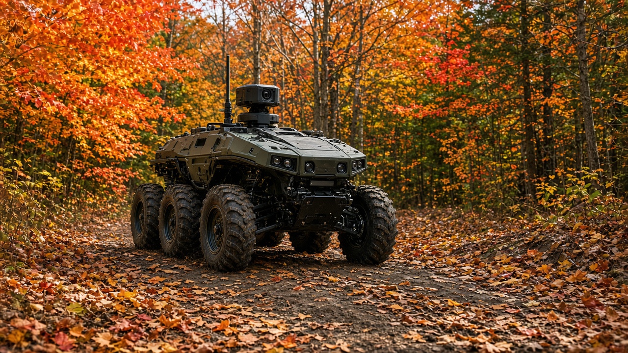 Defense application scene with an unmanned ground vehicle on a wooded trail
