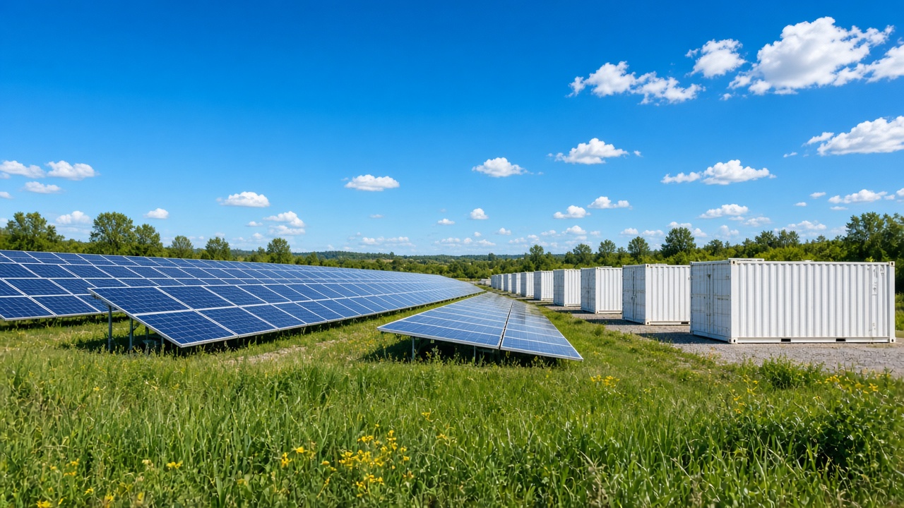 Solar panels and energy storage cabinets under a blue sky