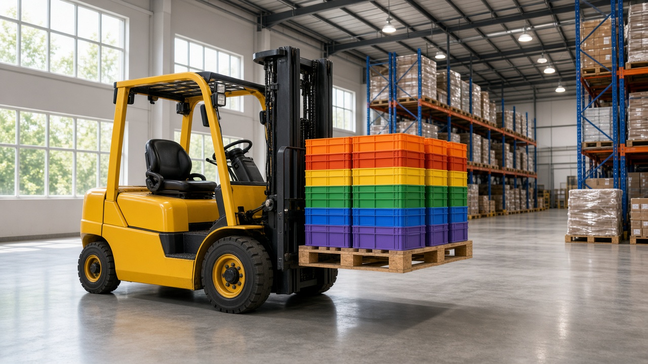 Yellow forklift carrying a pallet of colored crates