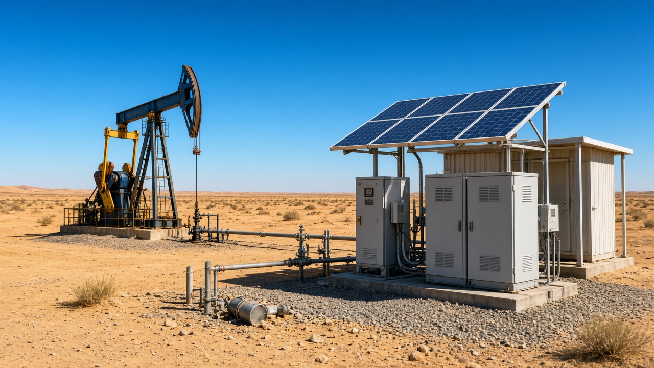 Pumpjack beside a solar-powered equipment enclosure