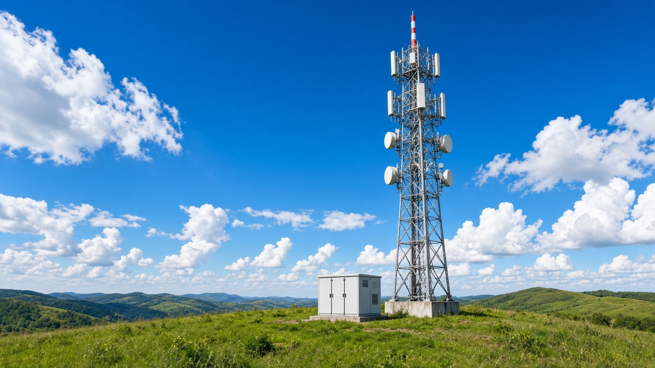 Telecommunications tower beneath a bright blue sky