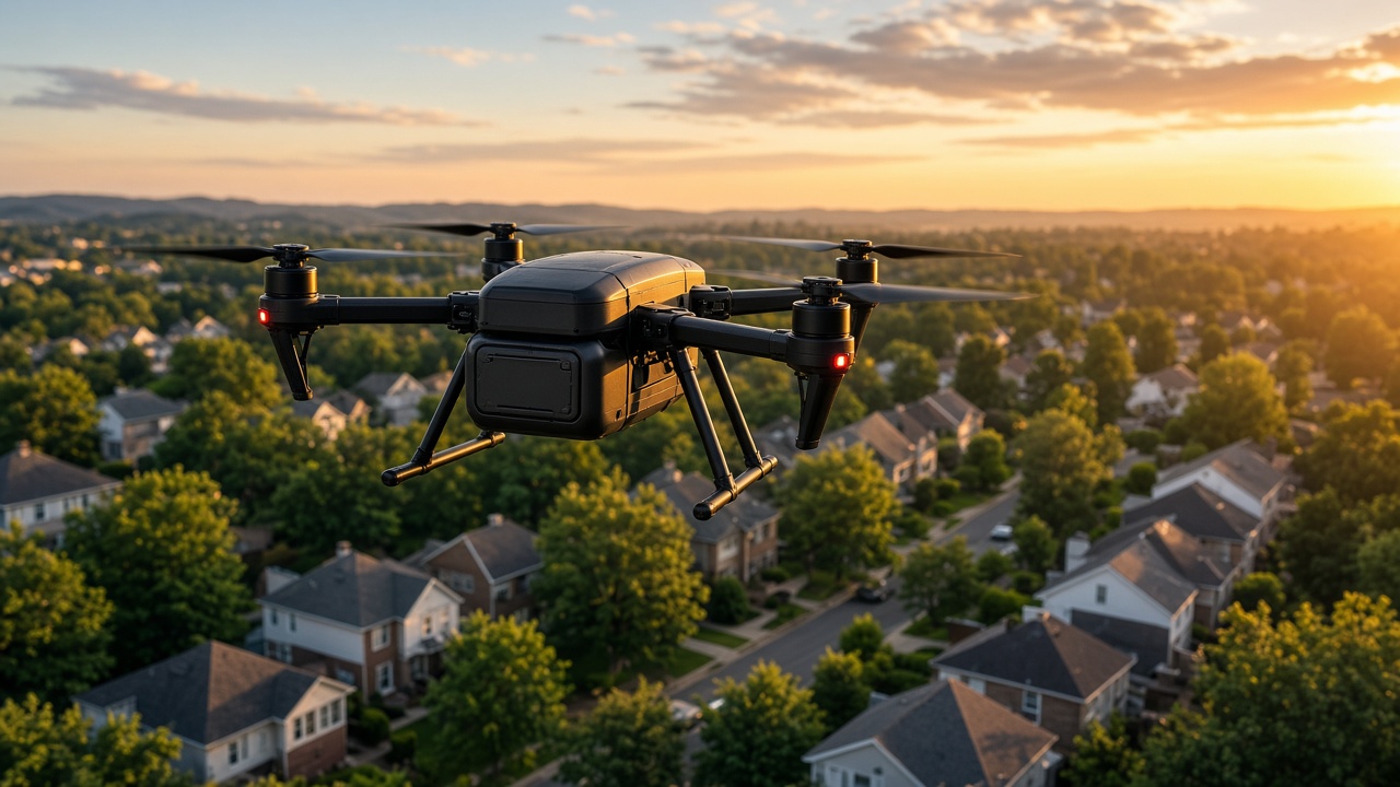Drone application scene with a multirotor aircraft above rooftops at sunset